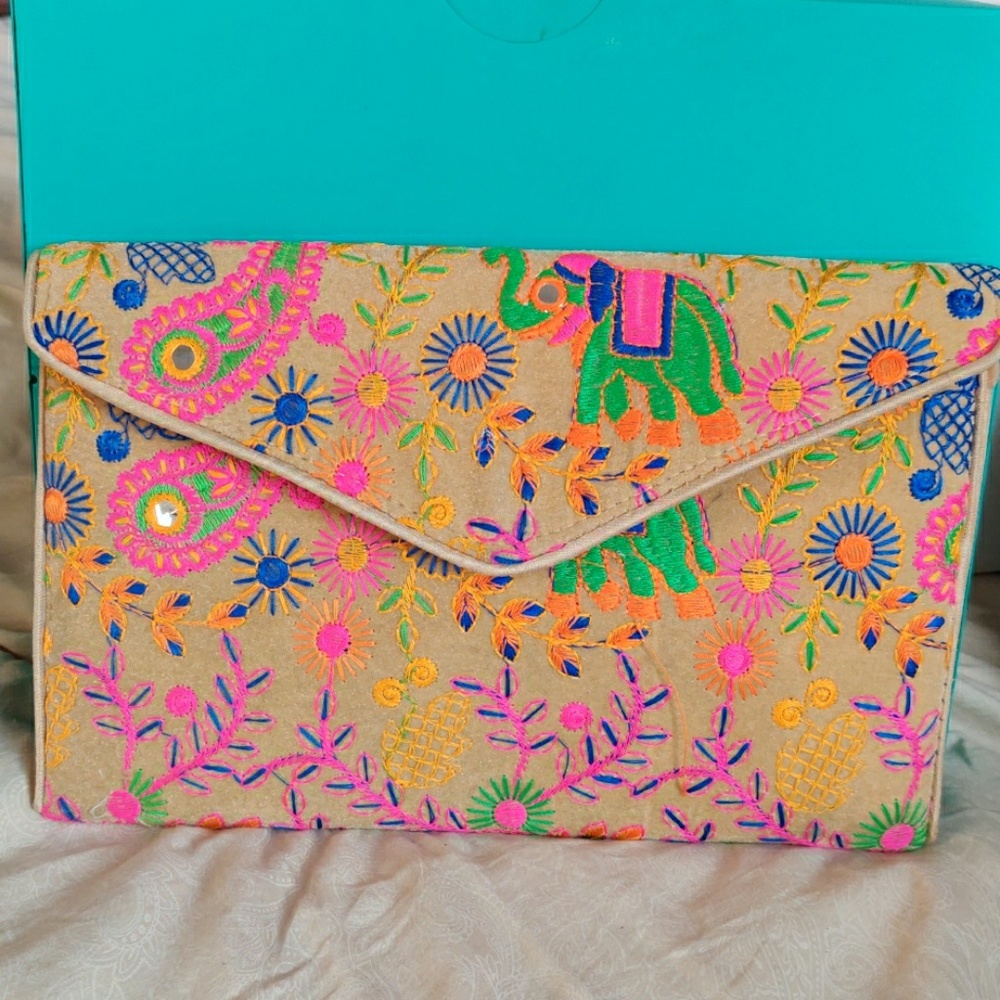Cream Boho Clutch with colorful embroidery